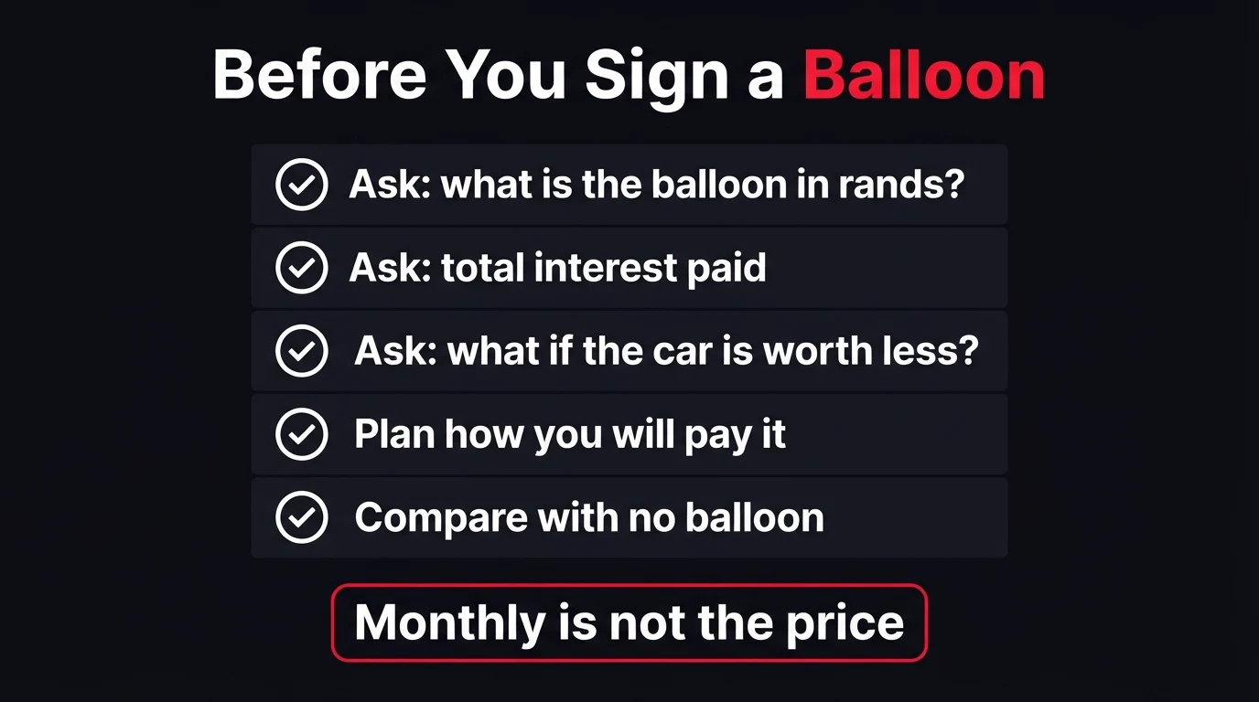 Dark infographic titled Before You Sign a Balloon with a five-item checklist: ask what the balloon is in rands, ask total interest paid, ask what if the car is worth less, plan how you will pay it, and compare with no balloon, ending with the banner monthly is not the price