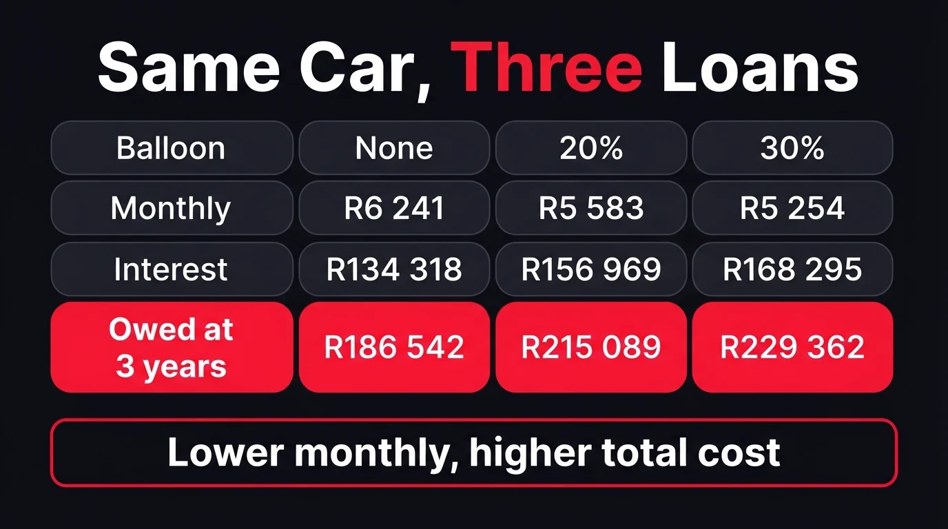 Dark infographic titled Same Car, Three Loans comparing no balloon, a 20 percent balloon and a 30 percent balloon: monthly R6 241, R5 583 and R5 254; interest R134 318, R156 969 and R168 295; amount still owed after three years R186 542, R215 089 and R229 362; with the banner lower monthly, higher total cost