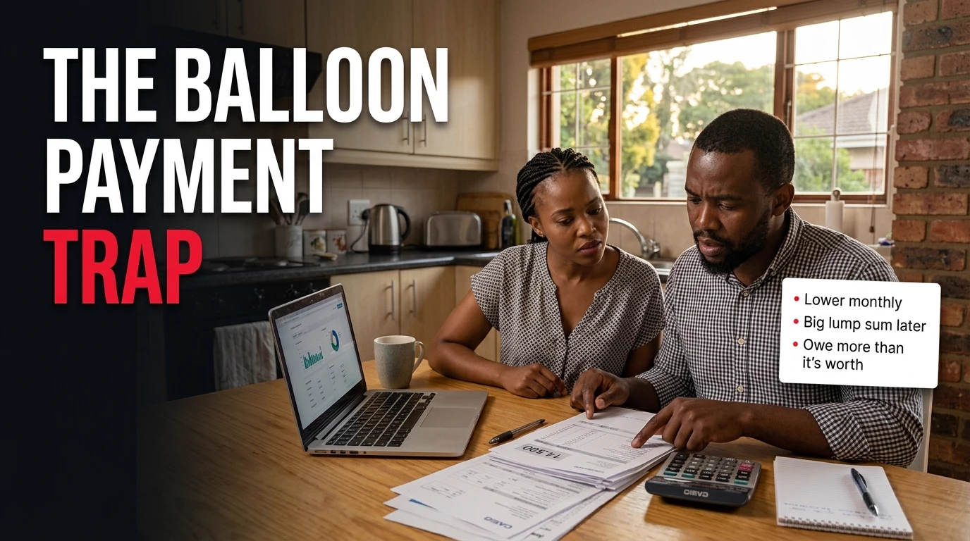 A couple at a kitchen table going through finance paperwork with a calculator and laptop, with the headline The Balloon Payment Trap