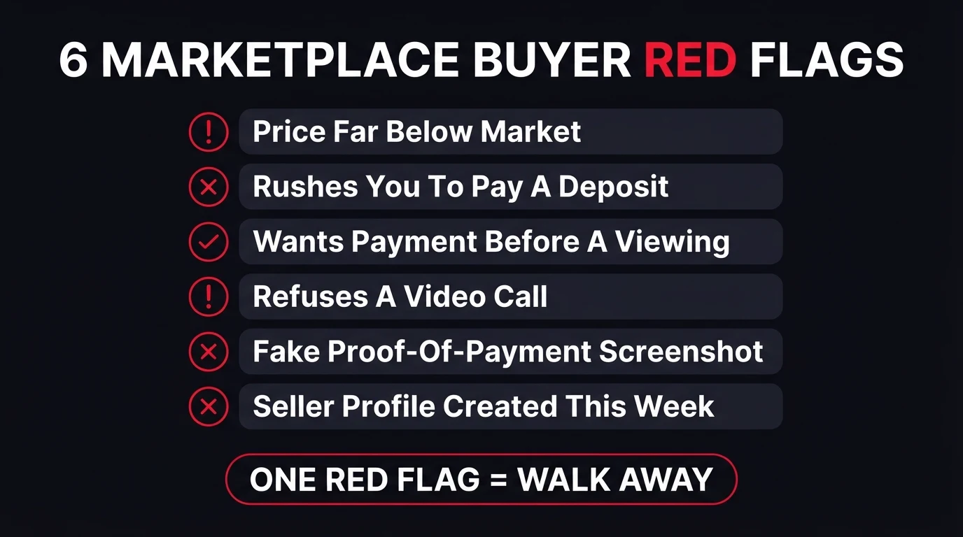Infographic listing six Facebook Marketplace car buyer red flags: price far below market, rushes you to pay a deposit, wants payment before a viewing, refuses a video call, fake proof-of-payment screenshot, and seller profile created this week