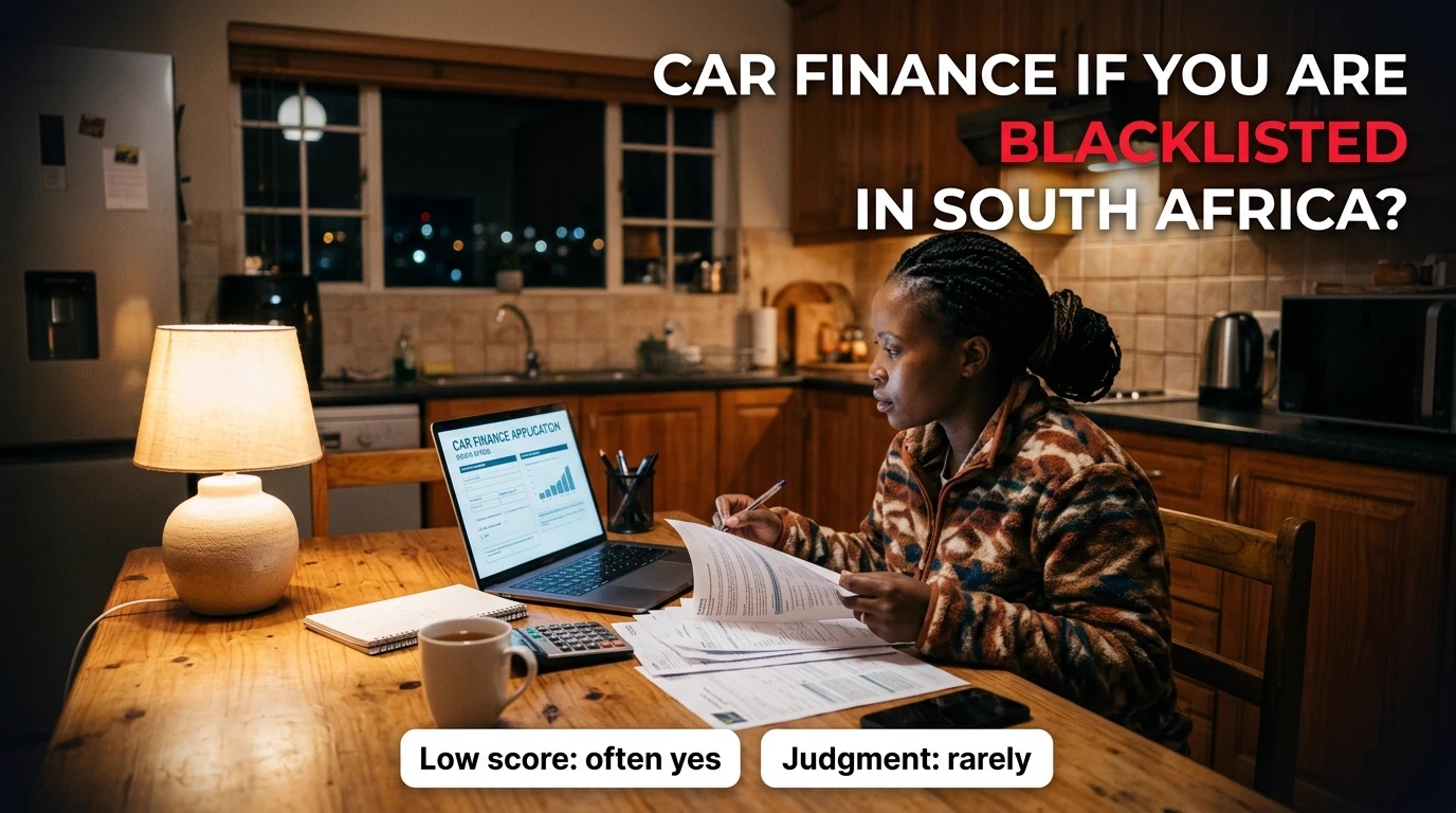 A South African woman going through paperwork and a car finance application on a laptop at her kitchen table at night