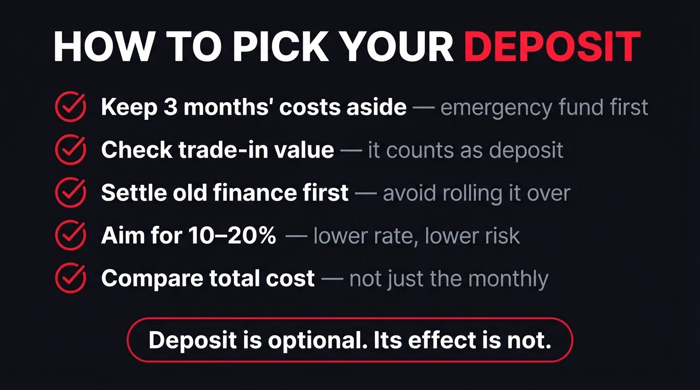 Dark infographic titled How to Pick Your Deposit with a five-item checklist: keep three months' costs aside, check trade-in value because it counts as deposit, settle old finance first, aim for 10 to 20 percent, and compare total cost not just the monthly, ending with the line deposit is optional, its effect is not