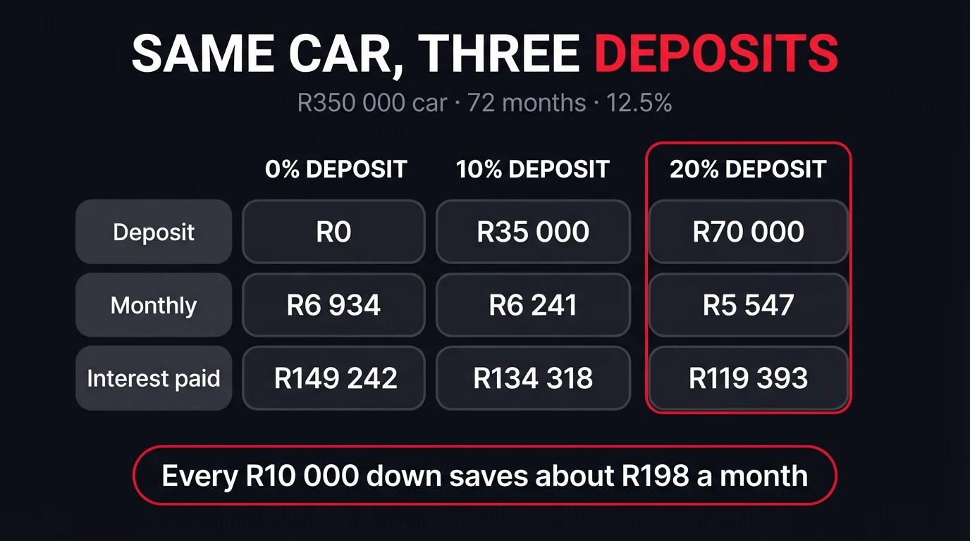 Dark infographic titled Same Car, Three Deposits comparing a R350 000 car over 72 months at 12.5 percent: no deposit costs R6 934 a month with R149 242 interest, a R35 000 deposit costs R6 241 with R134 318 interest, and a R70 000 deposit costs R5 547 with R119 393 interest, with a banner saying every R10 000 down saves about R198 a month