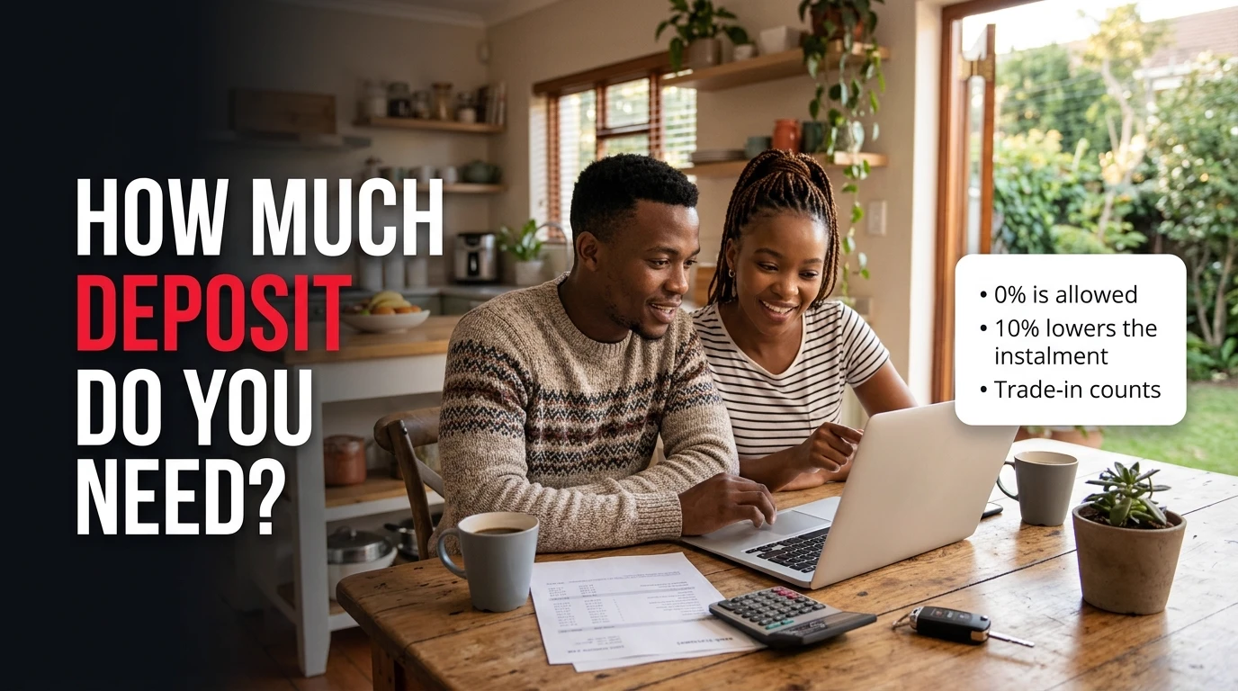 A young couple at a kitchen table reviewing a laptop, bank statement and calculator, with the headline How Much Deposit Do You Need