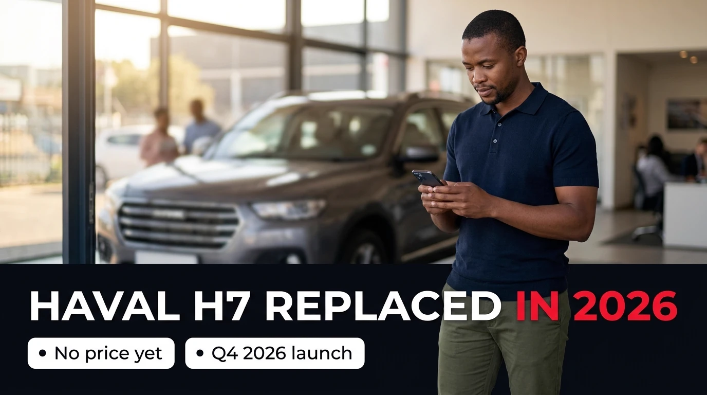 A car buyer checking his phone in a Johannesburg dealership showroom with a generic mid-size SUV in the background