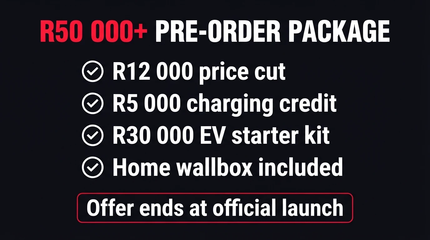 Checklist graphic of the Jaecoo J5 BEV pre-order package: R12 000 price cut, R5 000 charging credit, R30 000 EV starter kit including a home wallbox, offer ending at official launch