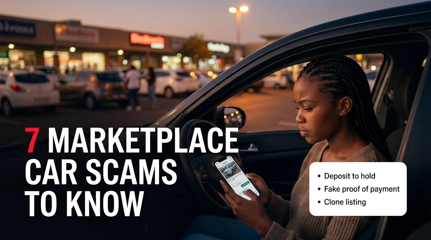 A young woman in a parked car at dusk frowning at a car listing chat on her phone, with the headline 7 Marketplace Car Scams to Know