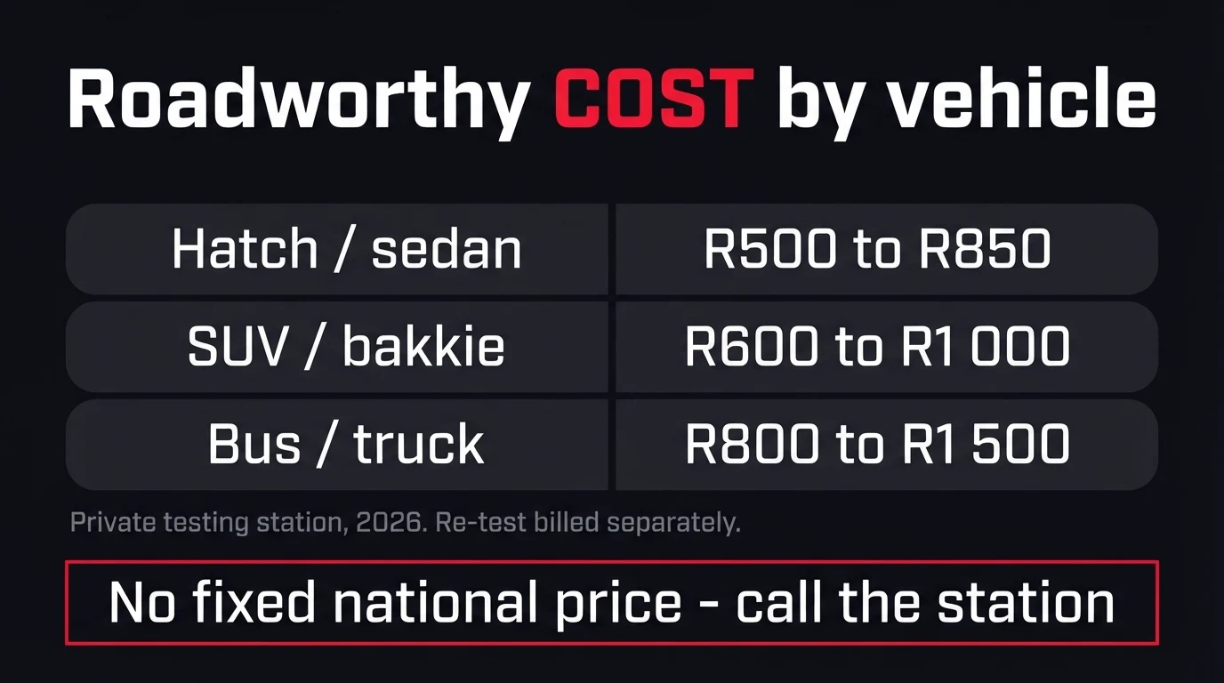 Dark table graphic titled Roadworthy cost by vehicle — hatch or sedan R500 to R850, SUV or bakkie R600 to R1 000, bus or truck R800 to R1 500, with a footnote that this is a private testing station in 2026 with re-test billed separately, and a red banner reading there is no fixed national price so call the station
