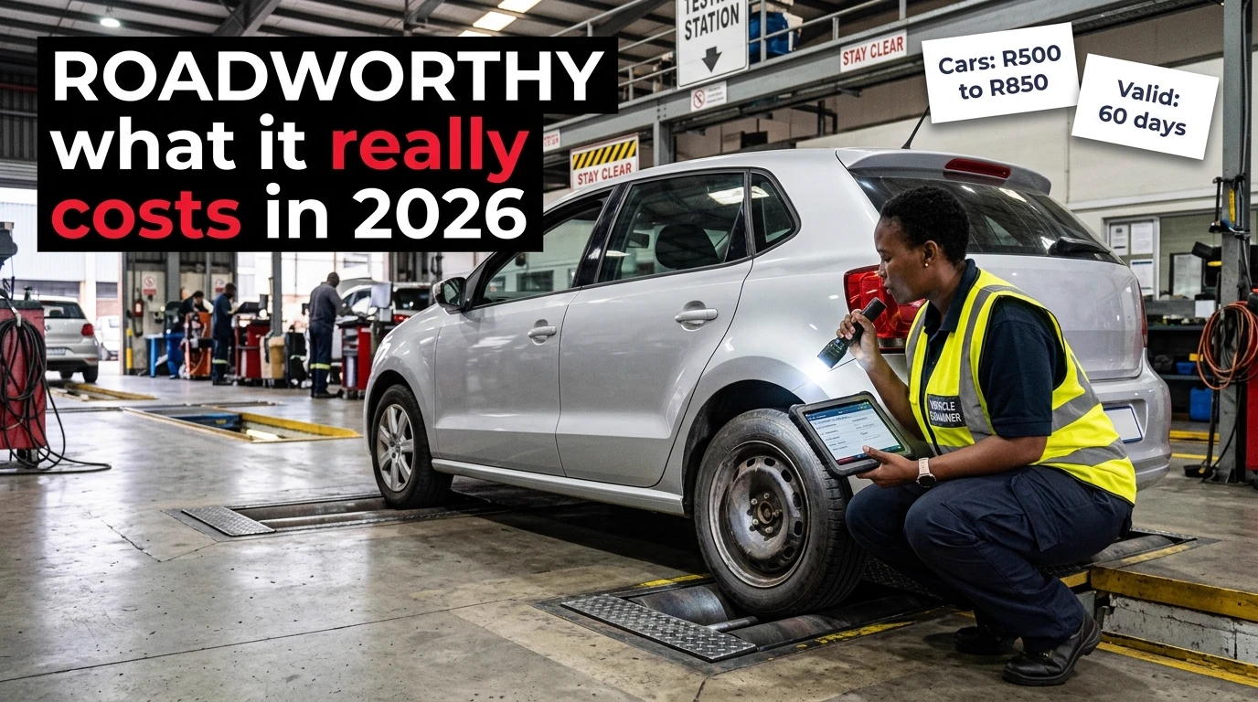 How much a roadworthy certificate costs in South Africa in 2026 — a vehicle examiner checking a car at a testing station, with cost bands and validity