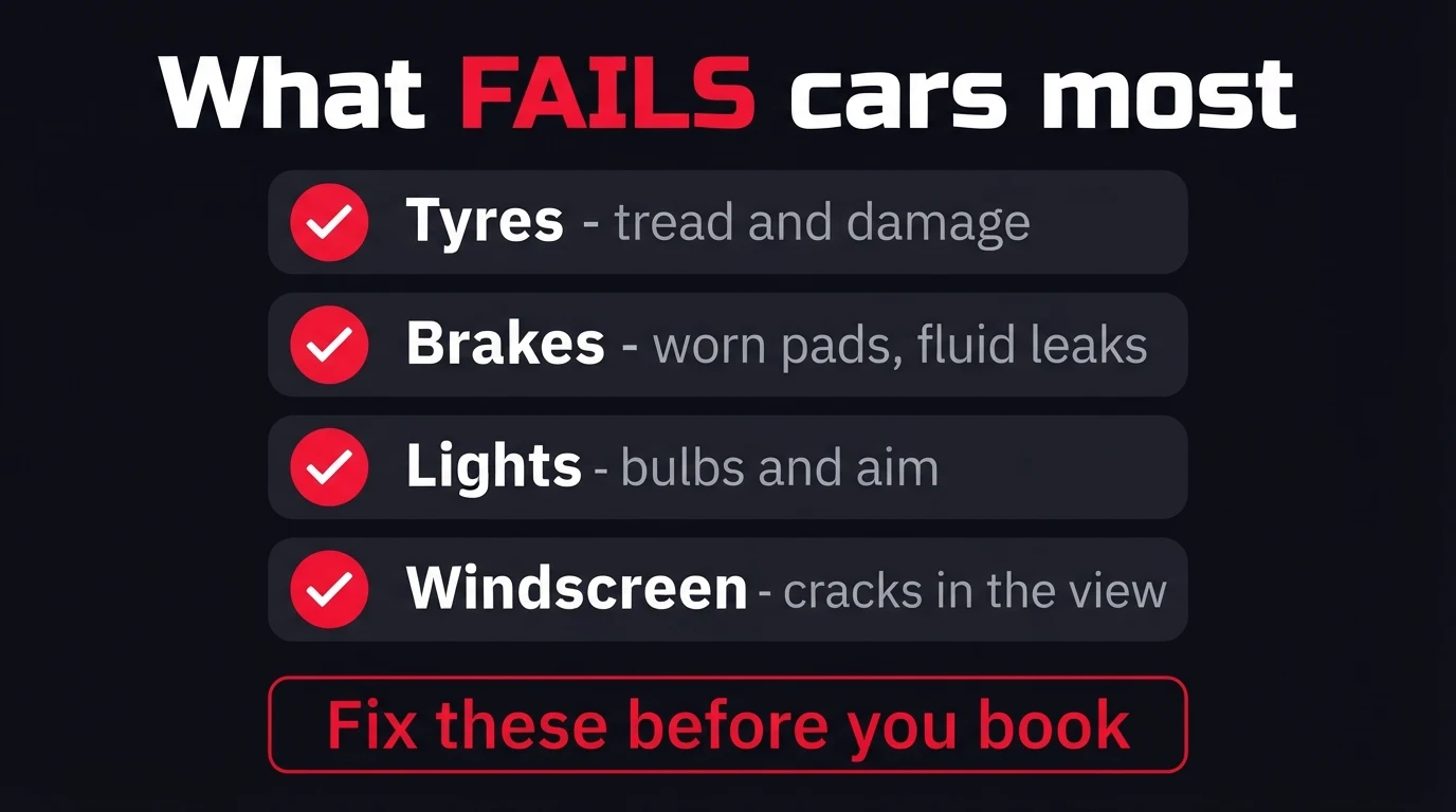 Dark checklist graphic titled What fails cars most — four rows with red tick icons: tyres, tread and damage; brakes, worn pads and fluid leaks; lights, bulbs and aim; windscreen, cracks in the view; with a red-outlined banner reading fix these before you book