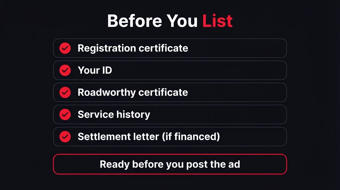 Checklist graphic listing what to have ready before you list a car for sale: registration certificate, ID, roadworthy certificate, service history, and a settlement letter if the car is financed