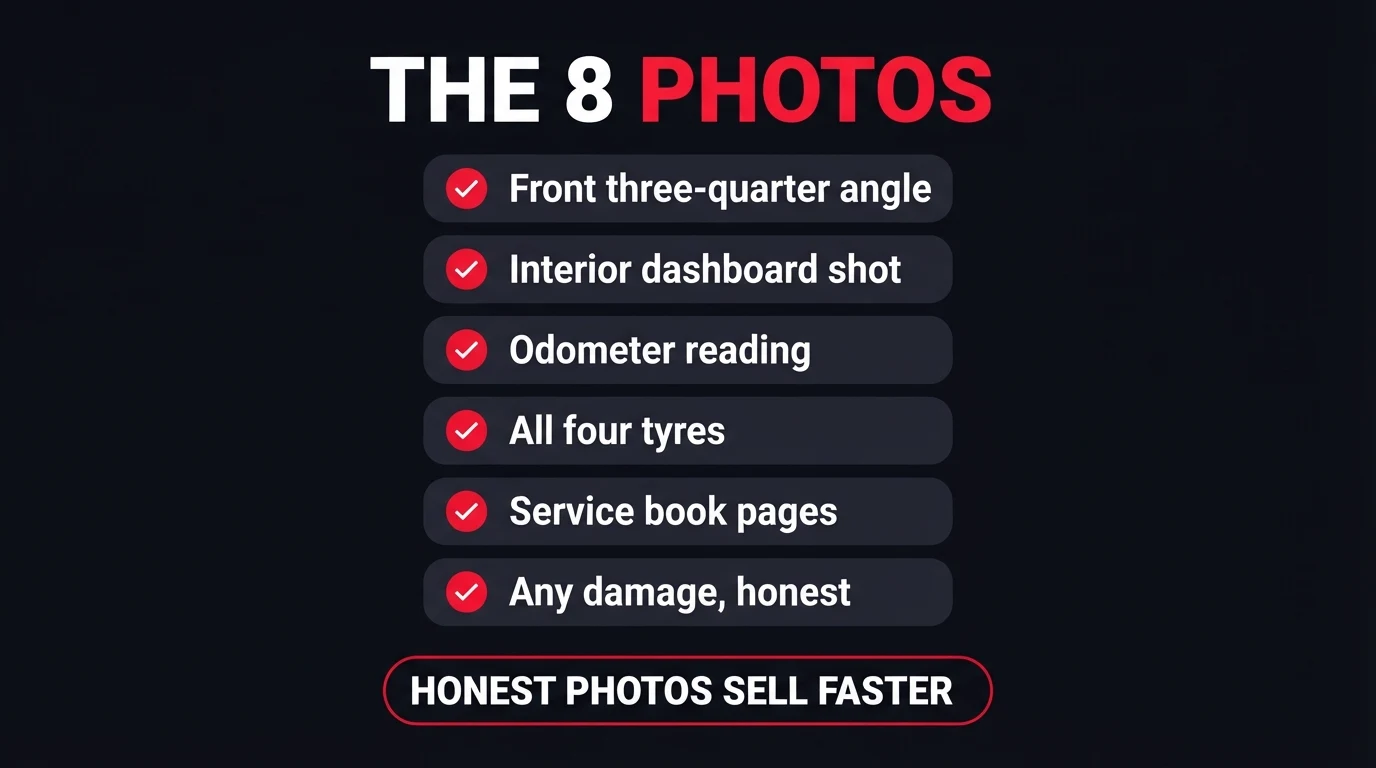 Checklist graphic listing the eight photos that sell a car: front three-quarter angle, interior dashboard, odometer reading, all four tyres, service book pages, and honest damage photos