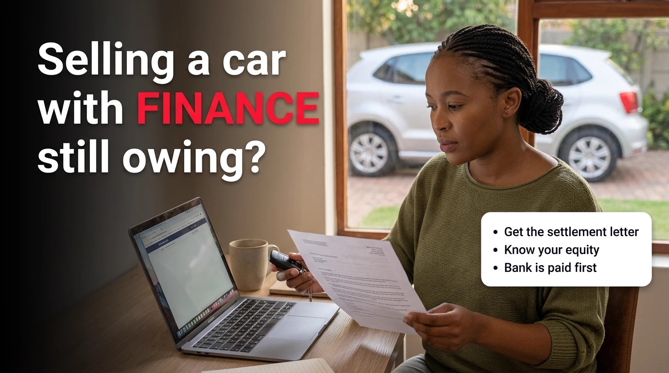 A woman at a home desk holding a bank letter and car key, with a hatchback parked outside and the headline Selling a car with finance still owing