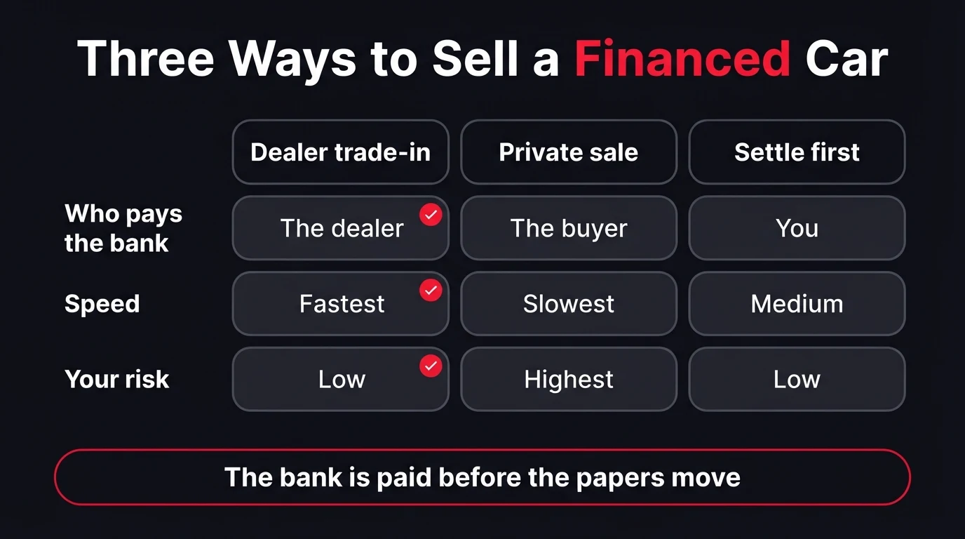 Dark infographic titled Three Ways to Sell a Financed Car comparing dealer trade-in, private sale and settle first: who pays the bank is the dealer, the buyer or you; speed is fastest, slowest or medium; your risk is low, highest or low; with the banner the bank is paid before the papers move