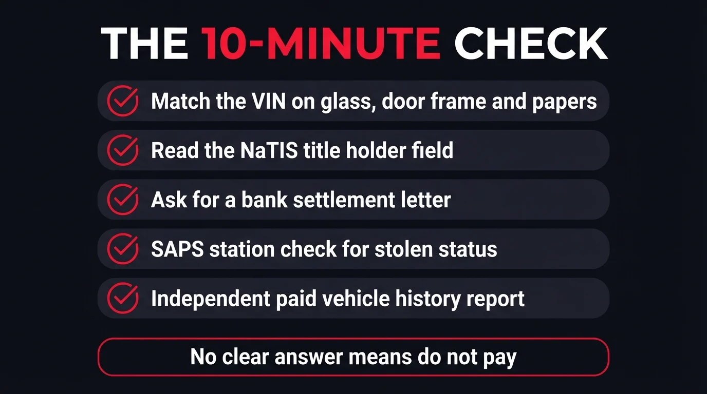 Dark-mode checklist titled The 10-Minute Check: match the VIN on glass, door frame and papers; read the NaTIS title holder field; ask for a bank settlement letter; SAPS station check for stolen status; independent paid vehicle history report; with a banner reading no clear answer means do not pay