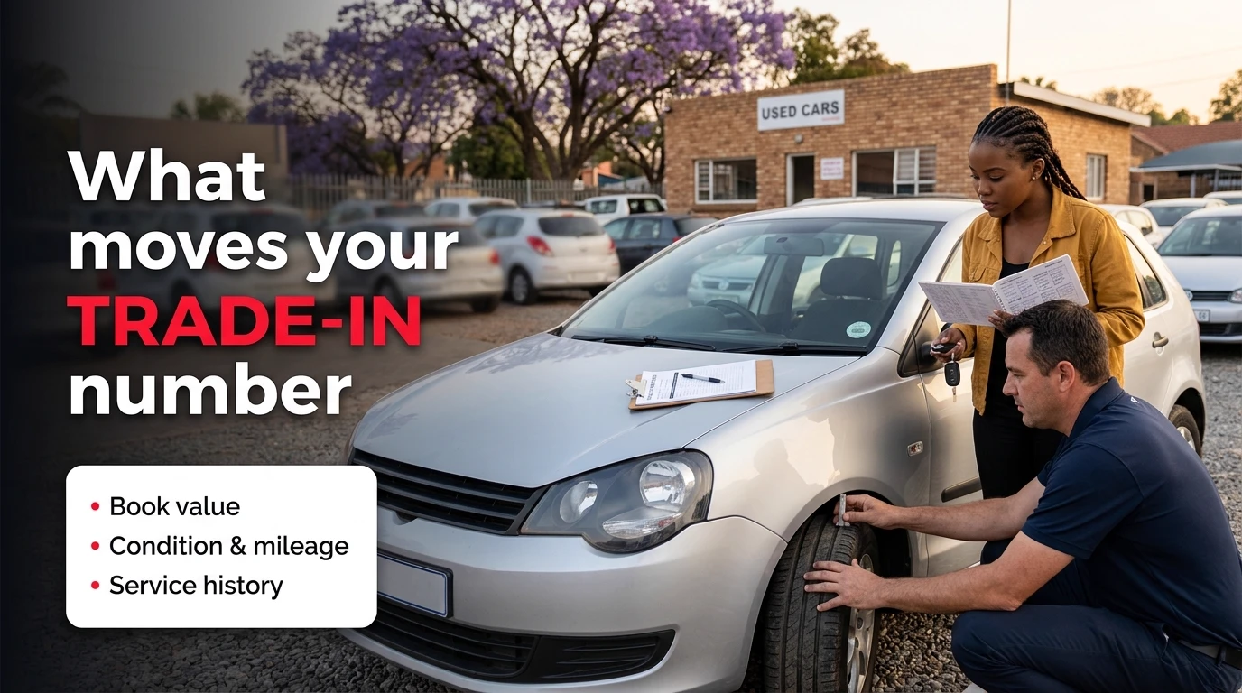 A dealer checking the tyre tread on a silver hatchback while its owner holds the service book and key, with the headline What moves your trade-in number
