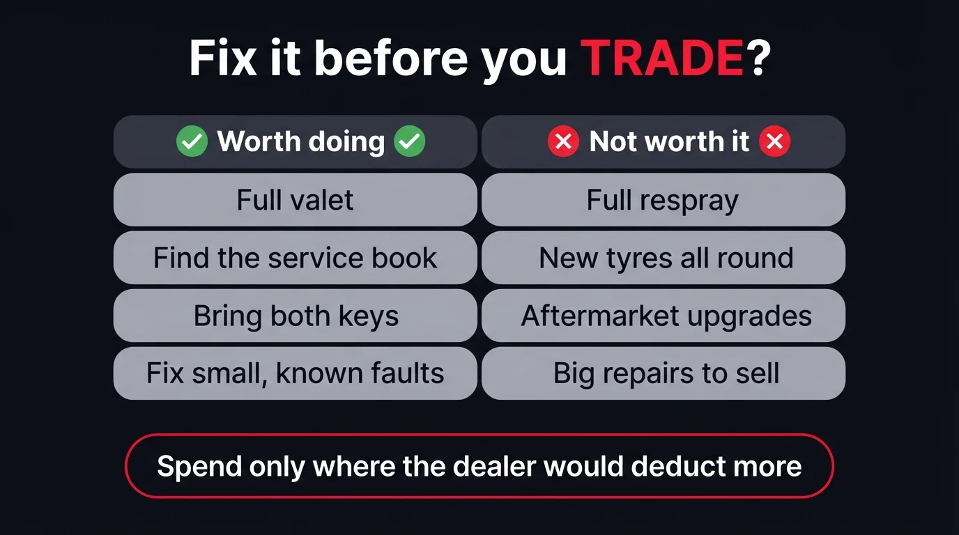 Dark infographic titled Fix it before you trade comparing what is worth doing (full valet, find the service book, bring both keys, fix small known faults) with what is not worth it (full respray, new tyres all round, aftermarket upgrades, big repairs to sell), with the banner spend only where the dealer would deduct more