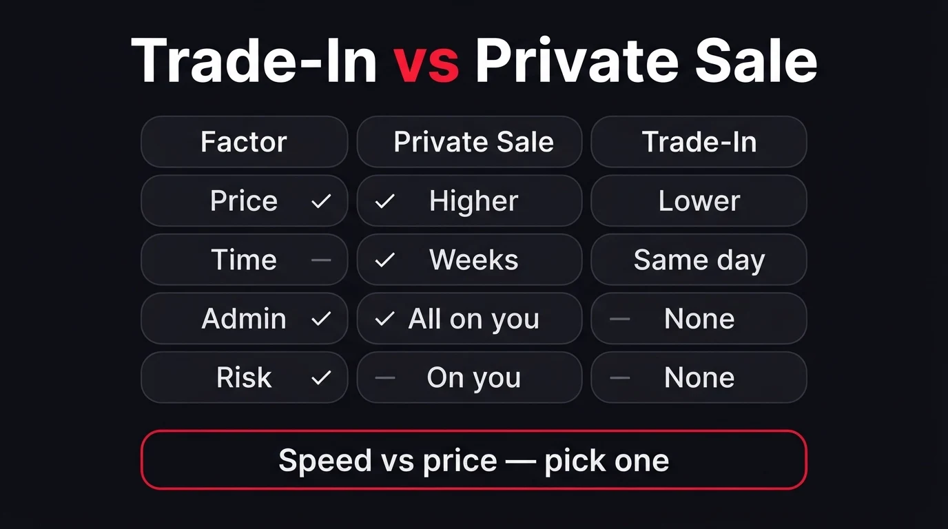 Comparison infographic: trade-in versus private sale on price, time to sell, admin required and payment risk