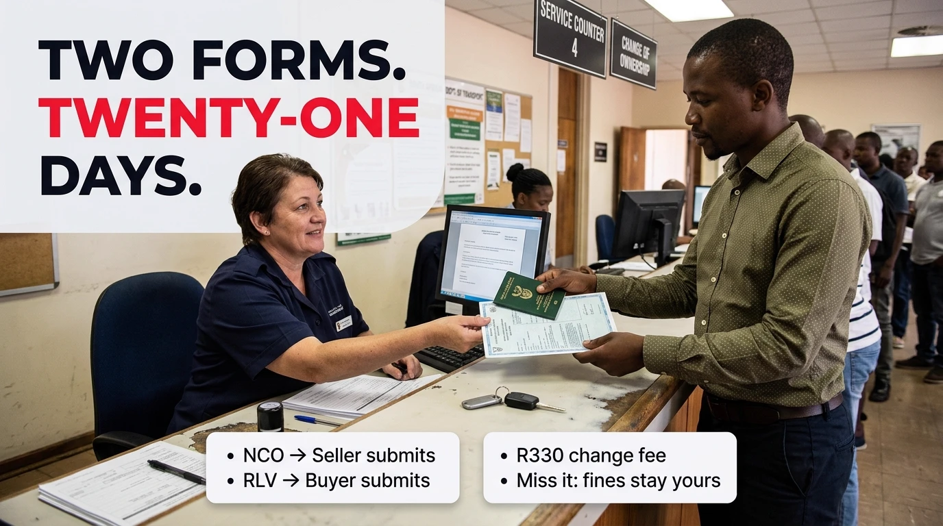 A customer handing a vehicle registration certificate and ID to a clerk at a South African licensing department counter