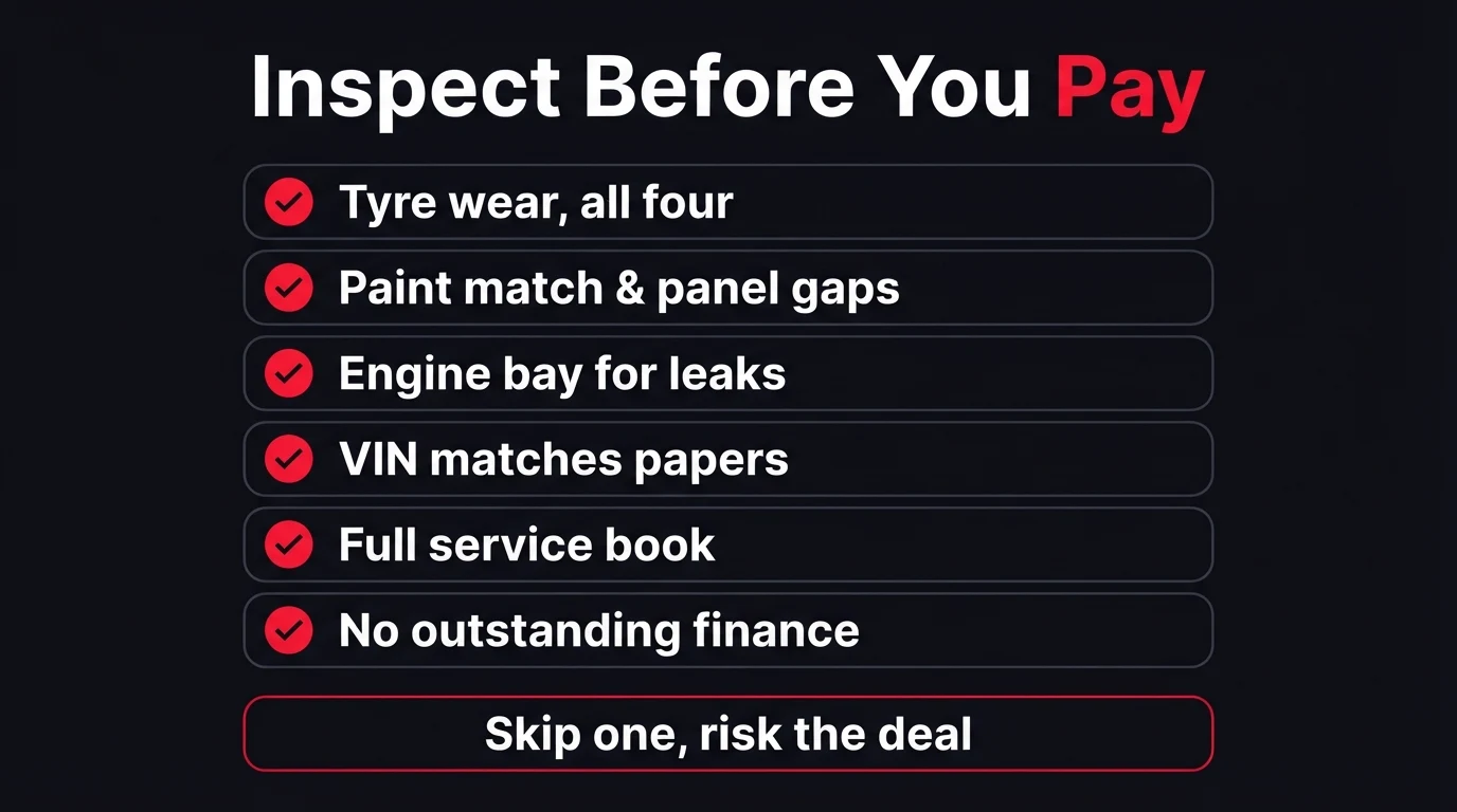 Checklist graphic for inspecting a used car before buying: tyre wear, paint match and panel gaps, engine bay leaks, VIN matching the papers, full service book, and confirming no outstanding finance